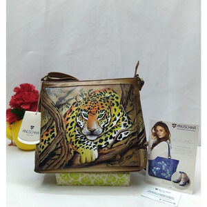 Anuschka Multicolor Leather Tiger Hand Panted Zipper Crossbody Bag